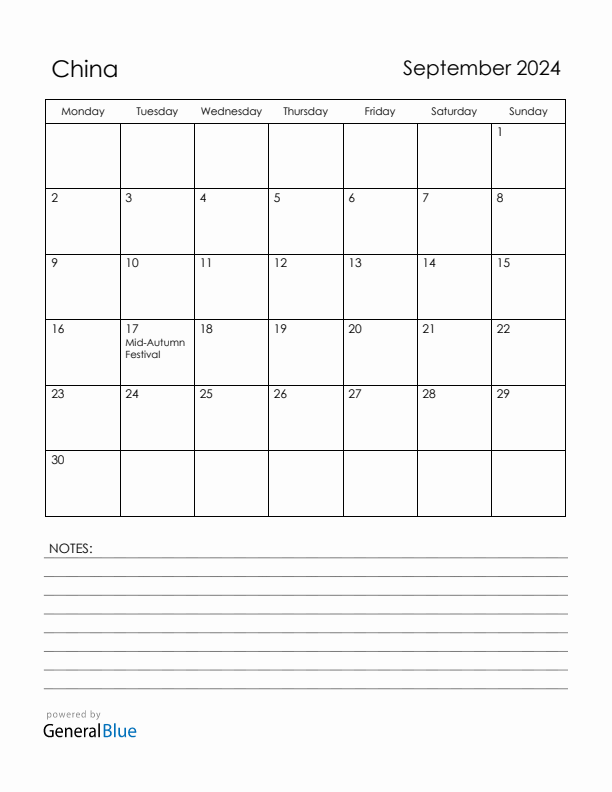 September 2024 China Calendar with Holidays (Monday Start)
