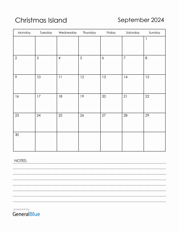 September 2024 Christmas Island Calendar with Holidays (Monday Start)