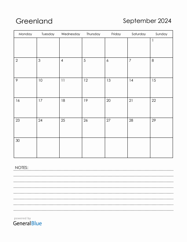 September 2024 Greenland Calendar with Holidays (Monday Start)