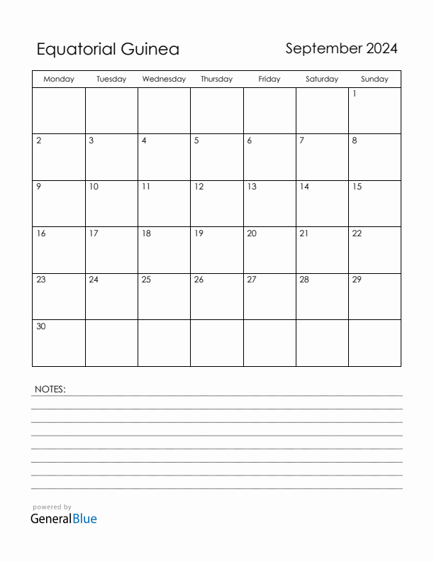 September 2024 Equatorial Guinea Calendar with Holidays (Monday Start)