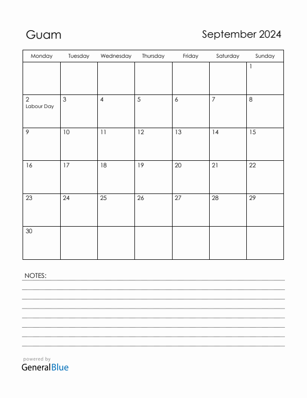 September 2024 Guam Calendar with Holidays (Monday Start)