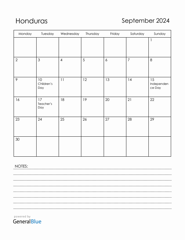 September 2024 Honduras Calendar with Holidays (Monday Start)