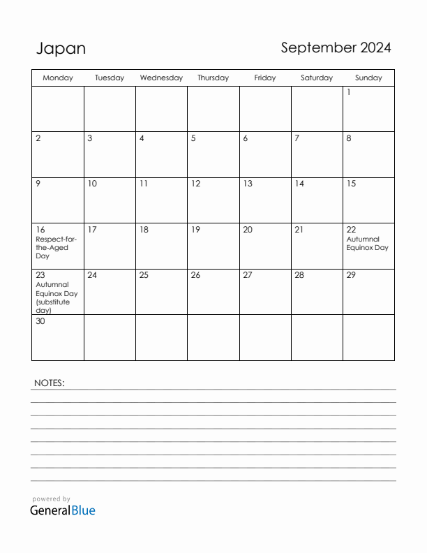 September 2024 Japan Calendar with Holidays (Monday Start)