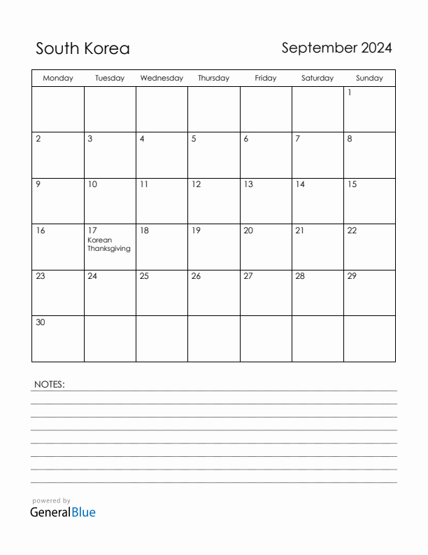 September 2024 South Korea Calendar with Holidays (Monday Start)