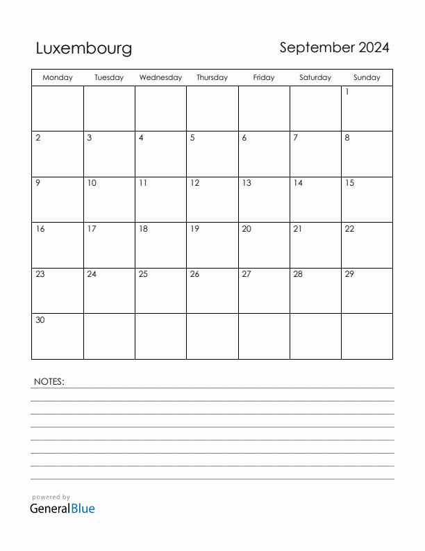 September 2024 Luxembourg Calendar with Holidays (Monday Start)