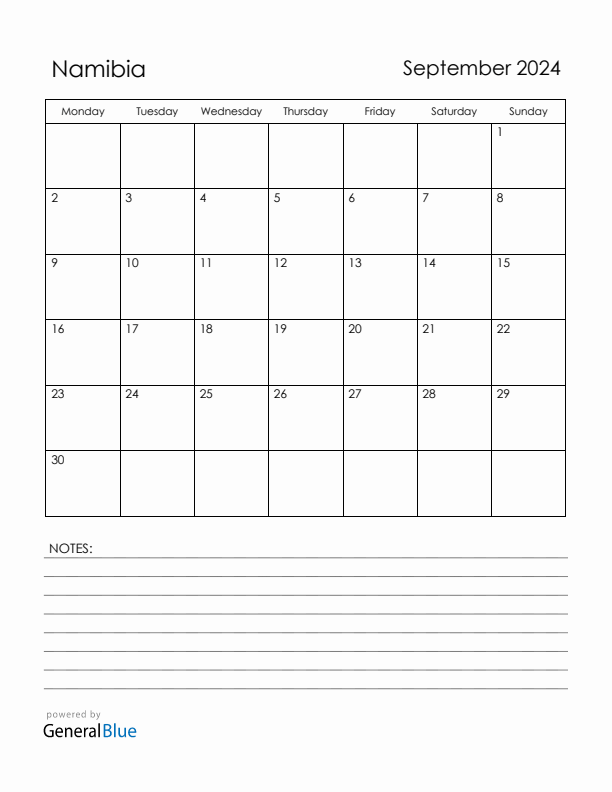 September 2024 Namibia Calendar with Holidays (Monday Start)