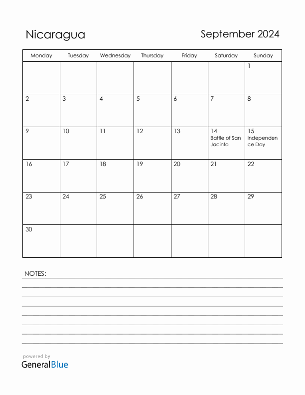 September 2024 Nicaragua Calendar with Holidays (Monday Start)