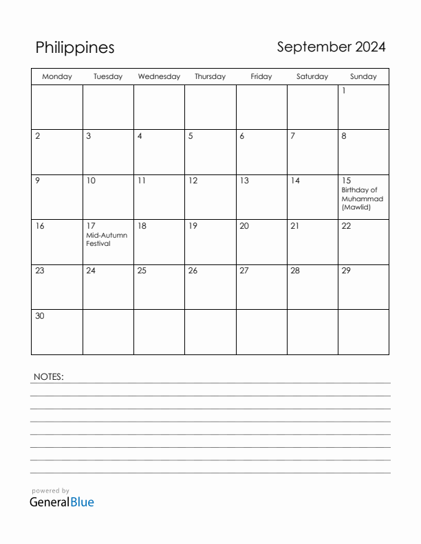 September 2024 Philippines Calendar with Holidays (Monday Start)