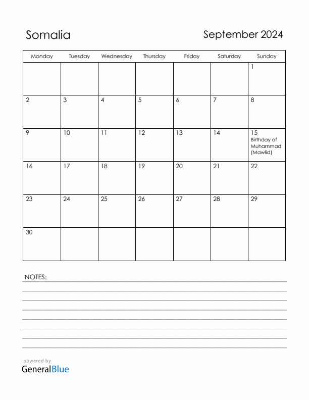 September 2024 Somalia Calendar with Holidays (Monday Start)