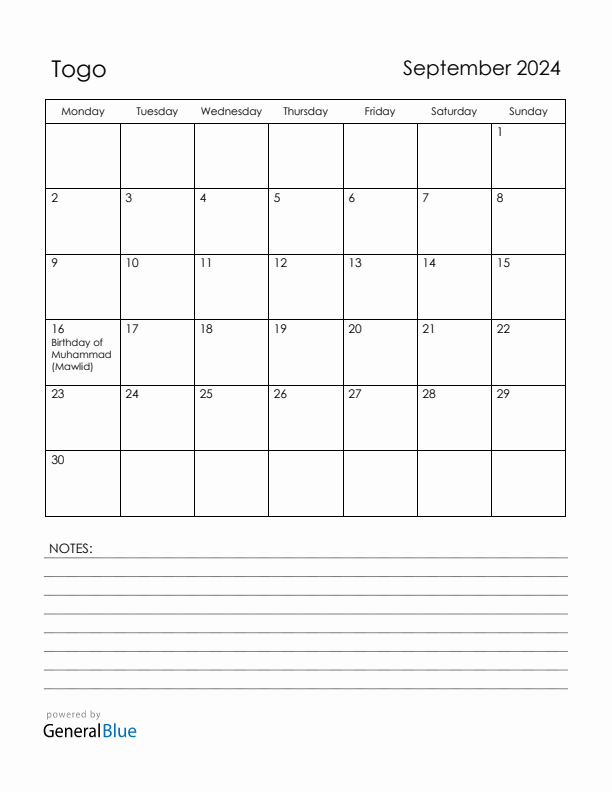 September 2024 Togo Calendar with Holidays (Monday Start)
