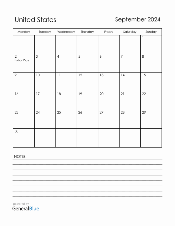 September 2024 United States Calendar with Holidays (Monday Start)