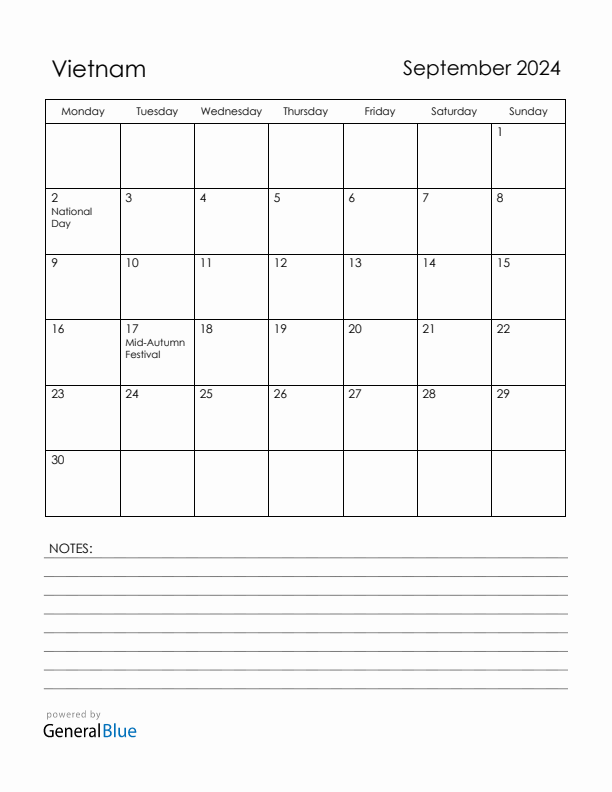 September 2024 Vietnam Calendar with Holidays (Monday Start)