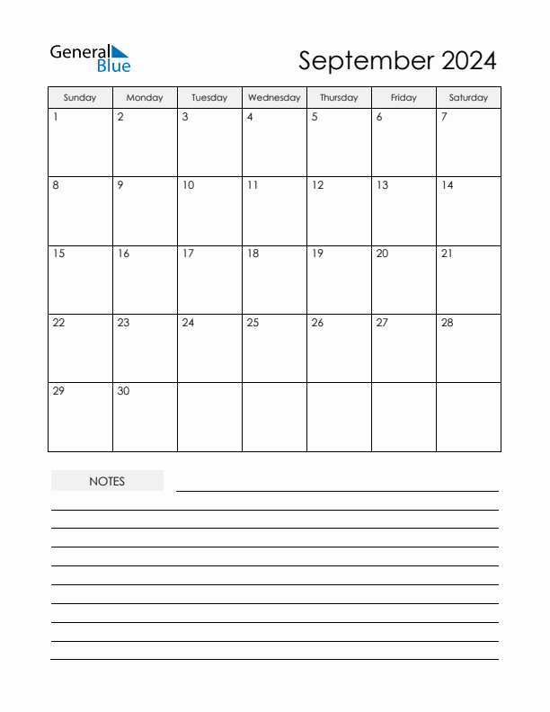 Printable Calendar with Notes - September 2024 