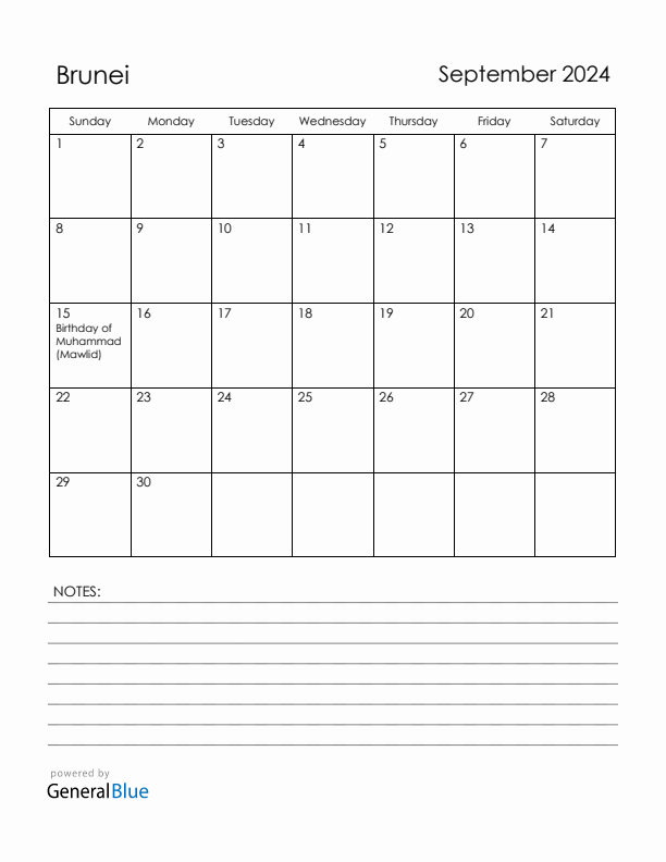 September 2024 Brunei Calendar with Holidays (Sunday Start)
