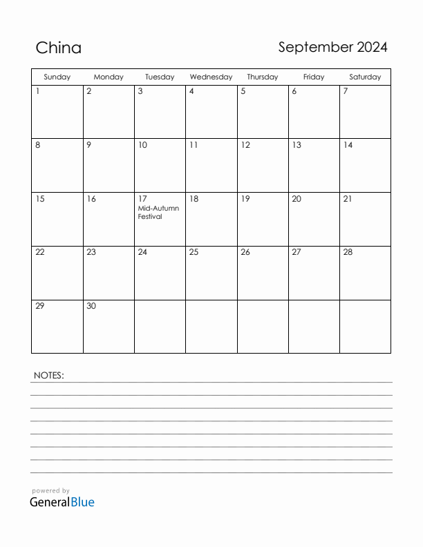 September 2024 China Calendar with Holidays (Sunday Start)