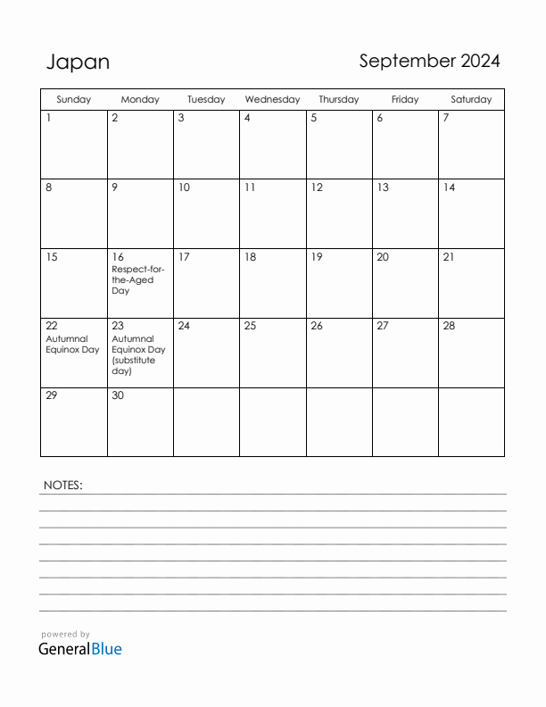 September 2024 Japan Calendar with Holidays (Sunday Start)