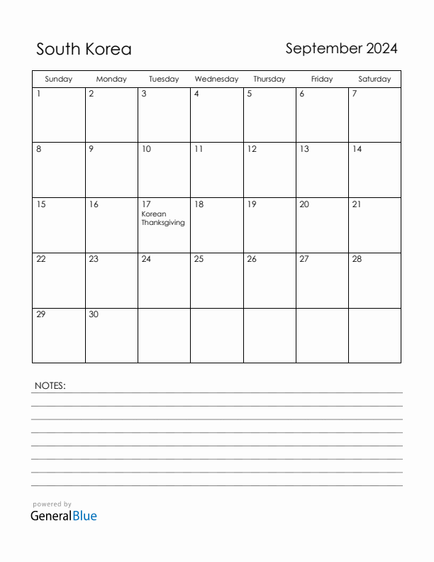 September 2024 South Korea Calendar with Holidays (Sunday Start)