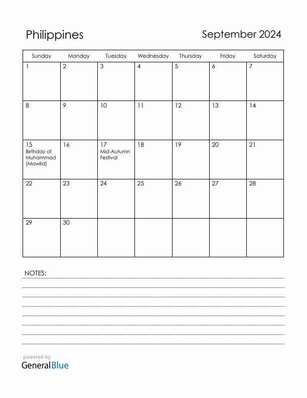 September 2024 Philippines Calendar with Holidays (Sunday Start)