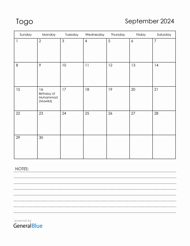 September 2024 Togo Calendar with Holidays (Sunday Start)