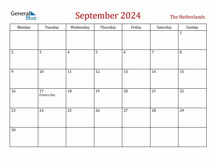 The Netherlands September 2024 Calendar - Monday Start