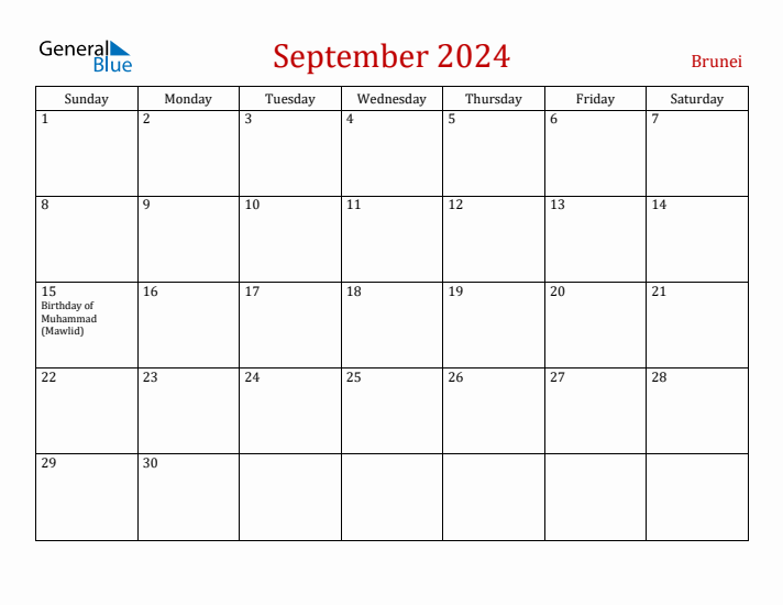 Brunei September 2024 Calendar - Sunday Start