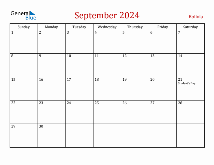 Bolivia September 2024 Calendar - Sunday Start