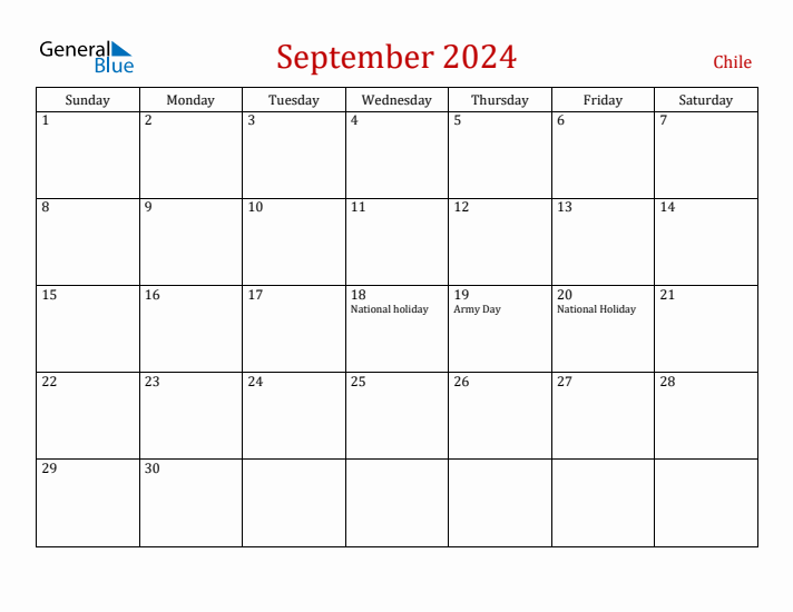 Chile September 2024 Calendar - Sunday Start