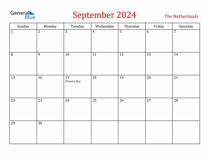 The Netherlands September 2024 Calendar - Sunday Start