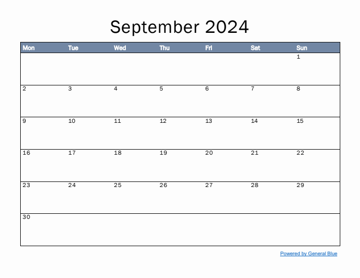 September 2024 Simple Month Calendar Template