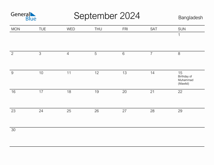 Printable September 2024 Calendar for Bangladesh