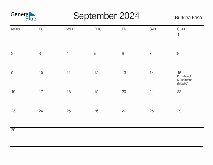 Printable September 2024 Calendar for Burkina Faso