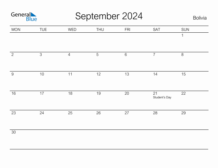 Printable September 2024 Calendar for Bolivia