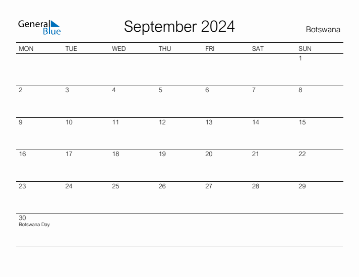 Printable September 2024 Calendar for Botswana