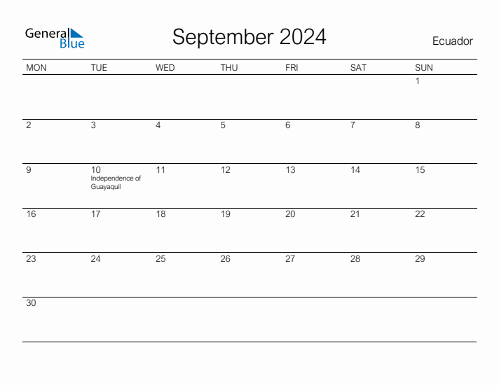 Printable September 2024 Calendar for Ecuador