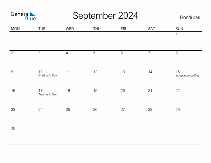 Printable September 2024 Calendar for Honduras