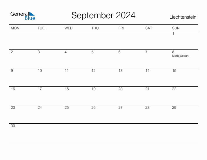 Printable September 2024 Calendar for Liechtenstein