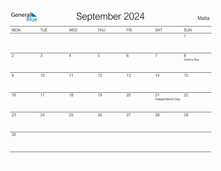 Printable September 2024 Calendar for Malta