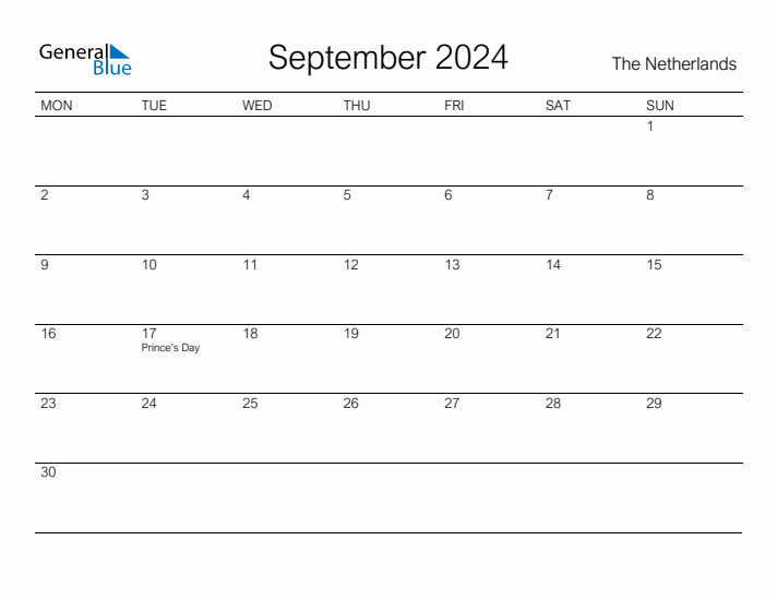 Printable September 2024 Calendar for The Netherlands