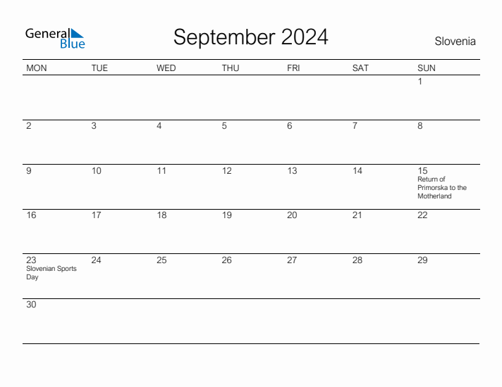 Printable September 2024 Calendar for Slovenia