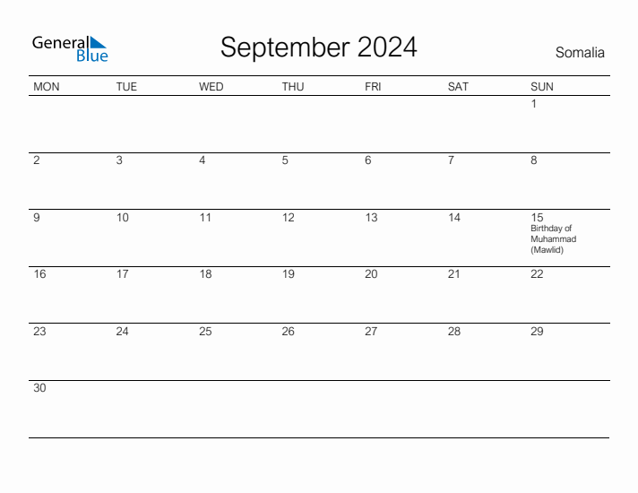 Printable September 2024 Calendar for Somalia