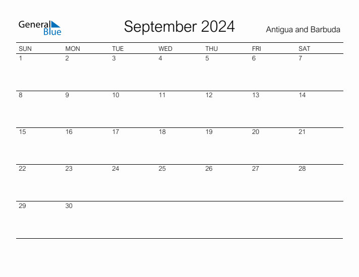 Printable September 2024 Calendar for Antigua and Barbuda