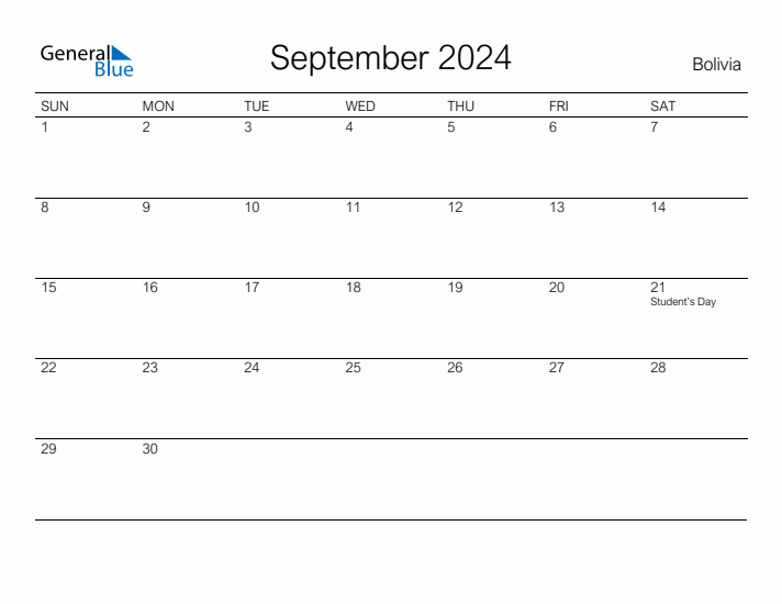 Printable September 2024 Calendar for Bolivia