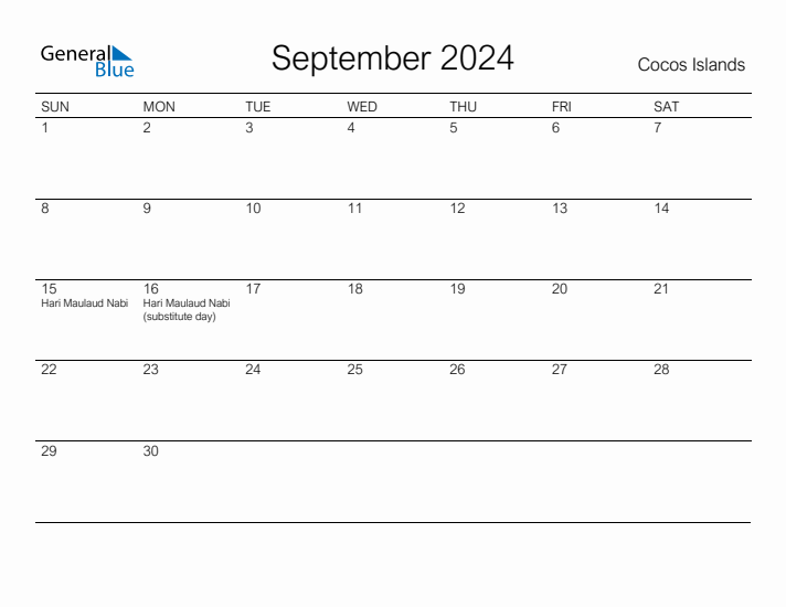 Printable September 2024 Calendar for Cocos Islands