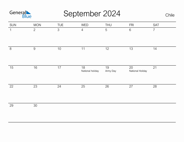 Printable September 2024 Calendar for Chile