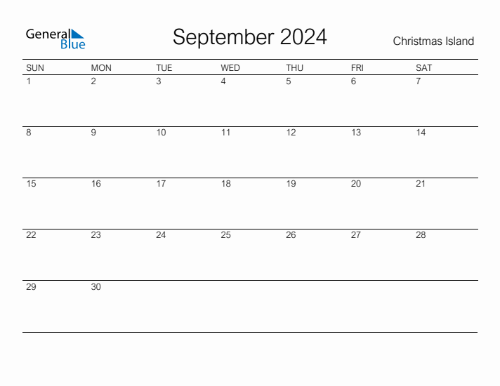 Printable September 2024 Calendar for Christmas Island