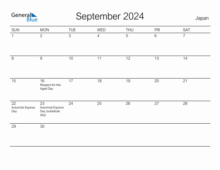 Printable September 2024 Calendar for Japan