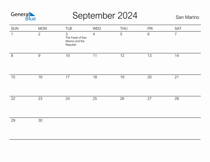 Printable September 2024 Calendar for San Marino