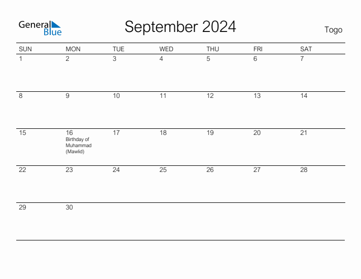 Printable September 2024 Calendar for Togo