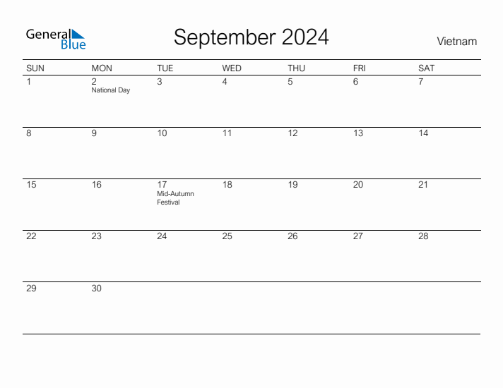 Printable September 2024 Calendar for Vietnam