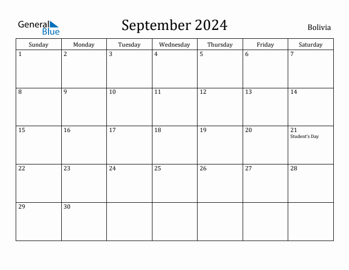 September 2024 Calendar Bolivia